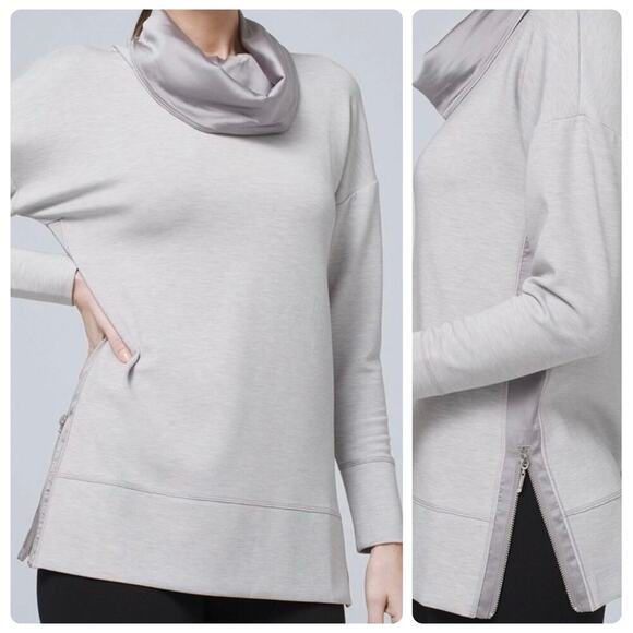 WHBM Gray Satin Side Zip Funnel Neck Soft Long Sleeve Top Women's size large - Picture 1 of 11